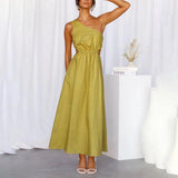 Solid Color High Waist One-Shoulder A-Line Cutout Summer Dress