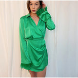 Women Sexy Green V-neck Pleated High Waist Summer Feather Satin Mini Dress