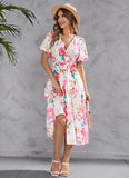 The New Women Fashion Woman's Summer Printed Floral V Neck Short Sleeve Dresses Belt Chiffon Mid Length Boho Beach Sundress