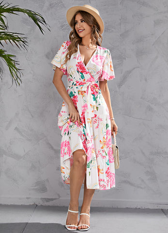 The New Women Fashion Woman's Summer Printed Floral V Neck Short Sleeve Dresses Belt Chiffon Mid Length Boho Beach Sundress