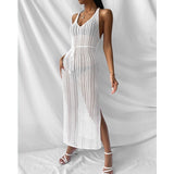 V Neck Backless Split Beach Vacation Sexy Hollow Out Knitted Long Dress