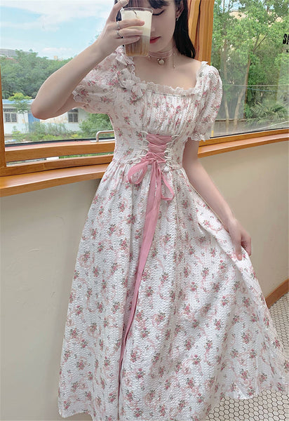 Elegant Floral Dress Women Lace Up Korean Princess Fairy Dress