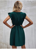 A-Line Sundress Ruched Boho Buttons Pleated Pockets Sleeveless Green Dress