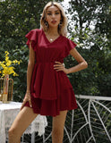Fashion V-neck Solid Elegant Party Dress Lotus Leaf Sleeves Princess Women Dress