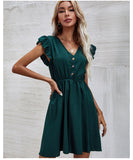 A-Line Sundress Ruched Boho Buttons Pleated Pockets Sleeveless Green Dress