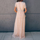 Summer New V Neck Embroidery Lace Hollow Out Maxi Dress