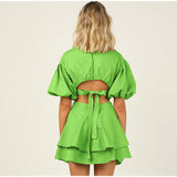 Summer Cotton Puff Sleeve Hollow Out Backless Ruffle Lace Up Mini Dress