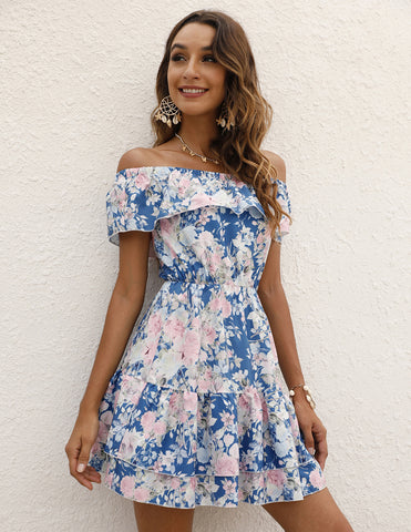 New Sexy Streetwair Style One-neck Print Ruffle Dress Waist Mini Female Dresses