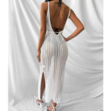 V Neck Backless Split Beach Vacation Sexy Hollow Out Knitted Long Dress