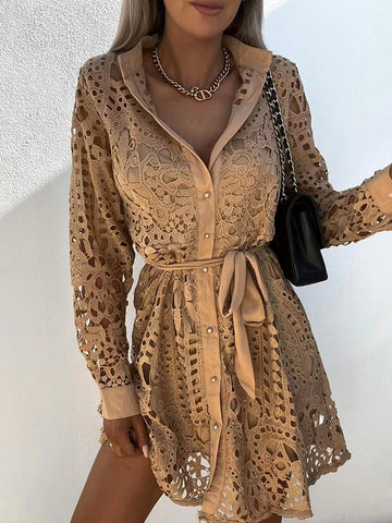Elegant Long Sleeve New Sexy Lace Hollow Out Lace-up Dress