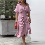 Women Turn-down Collar Lace Up Folds Single Breasted Dress
