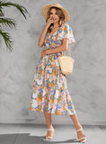 The New Women Fashion Woman's Summer Printed Floral V Neck Short Sleeve Dresses Belt Chiffon Mid Length Boho Beach Sundress