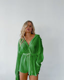 Fashion Long Sleeve Green Pleated Shirt Dress