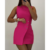 Summer Women Sleeveless Buttoned Asymmetrical Dress