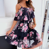 Women Elegant Spaghetti Strap Off Shoulder Ruffled Summer A-Line Floral Dress
