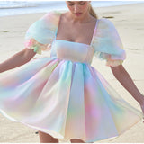 Sweet Puff Short Sleeve Summer Fold Square Collar Mini Ball Gown Dresses