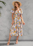 The New Women Fashion Woman's Summer Printed Floral V Neck Short Sleeve Dresses Belt Chiffon Mid Length Boho Beach Sundress