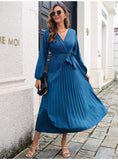 Fashion Womens Solid V Neck Lace Up High Waist Long Dresses