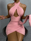 Backlesses Sleeveless Hollow V Neck Evening Party Club Ruffles Dresses