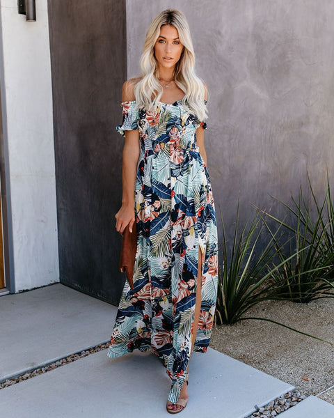 Women Summer Sexy Split Vacation Beach Boho Floral Dresses