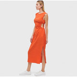 Sleeveless Slim Office Ladies O-Neck Orange Hollow Out Dresses