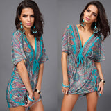 Boho Style Summer Women Dress Sexy Sundresses Deep V Ethnic Floral Print Tunic Beach Dresses