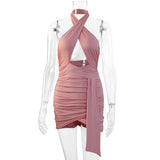 Backlesses Sleeveless Hollow V Neck Evening Party Club Ruffles Dresses