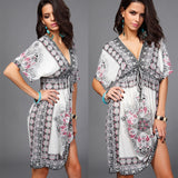 Boho Style Summer Women Dress Sexy Sundresses Deep V Ethnic Floral Print Tunic Beach Dresses
