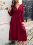 Fashion Womens Solid V Neck Lace Up High Waist Long Dresses