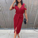 new color zipper long skirt hollow out pleated short sleeve V-neck dress