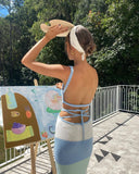 Sexy Spaghetti Strap Backless Striped Patchwork Kintted Midi Dress