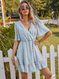 New Fashion Casual Sexy Solid Style Dress High Waist Short Sleeve V Neck Female Dress