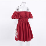 Brick Red Fold A-line Cotton Puff Sleeve Slash Neck Women's Dress