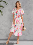 The New Women Fashion Woman's Summer Printed Floral V Neck Short Sleeve Dresses Belt Chiffon Mid Length Boho Beach Sundress