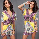 Boho Style Summer Women Dress Sexy Sundresses Deep V Ethnic Floral Print Tunic Beach Dresses