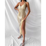 V Neck Backless Split Beach Vacation Sexy Hollow Out Knitted Long Dress