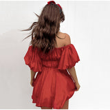 Brick Red Fold A-line Cotton Puff Sleeve Slash Neck Women's Dress