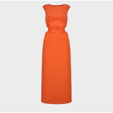 Sleeveless Slim Office Ladies O-Neck Orange Hollow Out Dresses