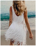 Summer Spaghetti Strap V-Neck Sequins Tassel Feather Mini Dress