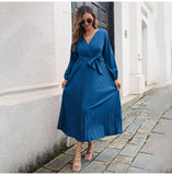 Fashion Womens Solid V Neck Lace Up High Waist Long Dresses