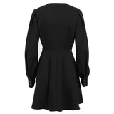 Elegant Deep V-Neck Pleated Summer Puff Sleeve Women Mini Dress