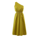 Solid Color High Waist One-Shoulder A-Line Cutout Summer Dress