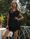 Fashion V-neck Solid Elegant Party Dress Lotus Leaf Sleeves Princess Women Dress