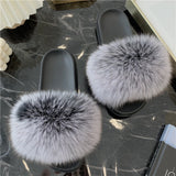 BLACK+GRAY FASHION WOMEN FOX FUR REAL FUR SLIPPERS