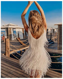 Summer Spaghetti Strap V-Neck Sequins Tassel Feather Mini Dress