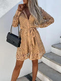 Elegant Long Sleeve New Sexy Lace Hollow Out Lace-up Dress