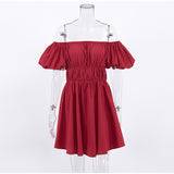 Brick Red Fold A-line Cotton Puff Sleeve Slash Neck Women's Dress