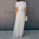 Summer New V Neck Embroidery Lace Hollow Out Maxi Dress