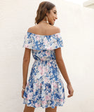 New Sexy Streetwair Style One-neck Print Ruffle Dress Waist Mini Female Dresses