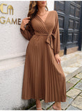 Fashion Womens Solid V Neck Lace Up High Waist Long Dresses